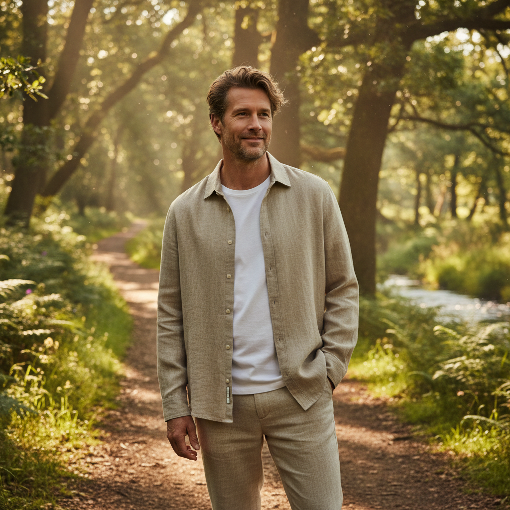 Crisp white linen shirt on model, outdoors in natural daylight, soft shadows