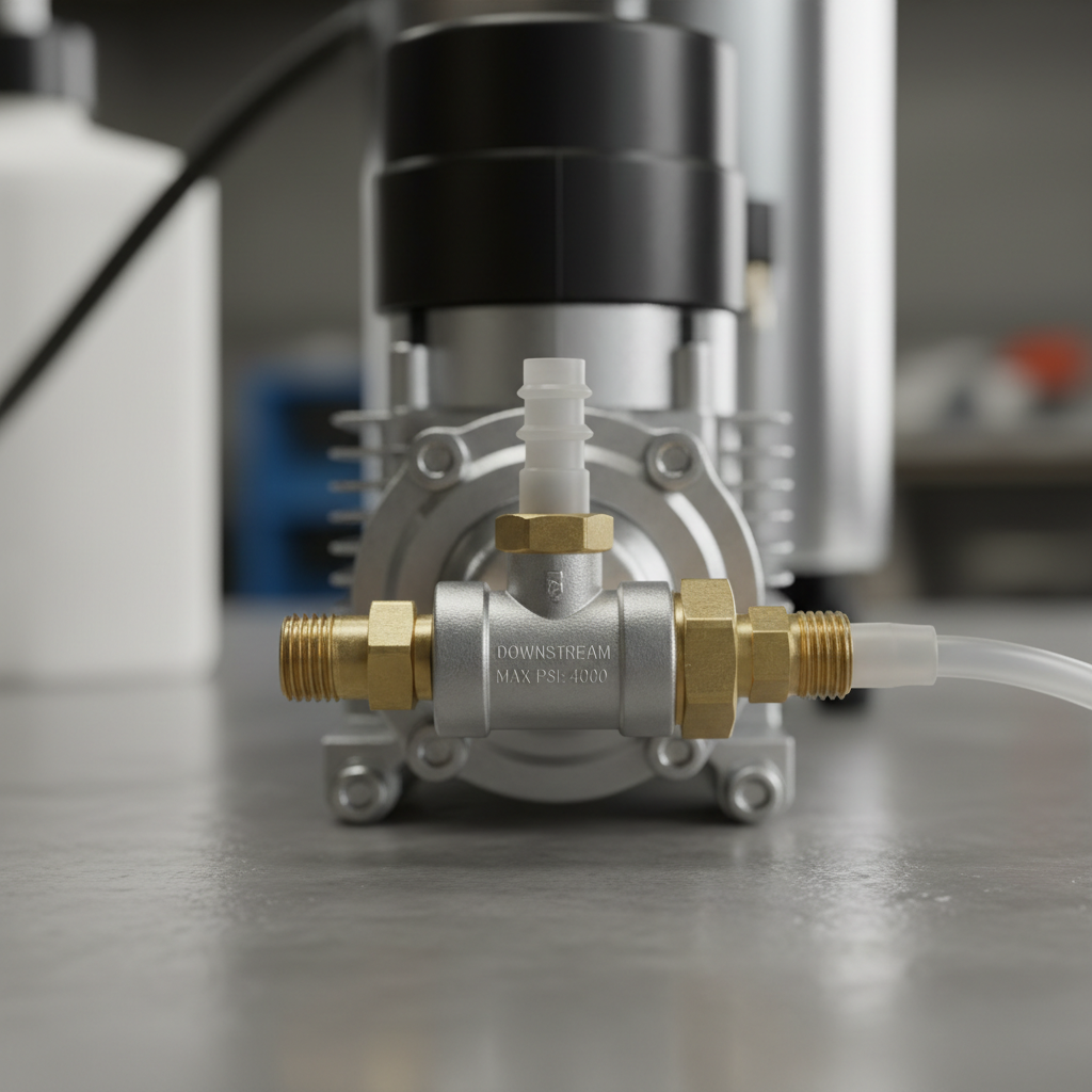 Downstream injector valve attached to pressure washer showing chemical intake port