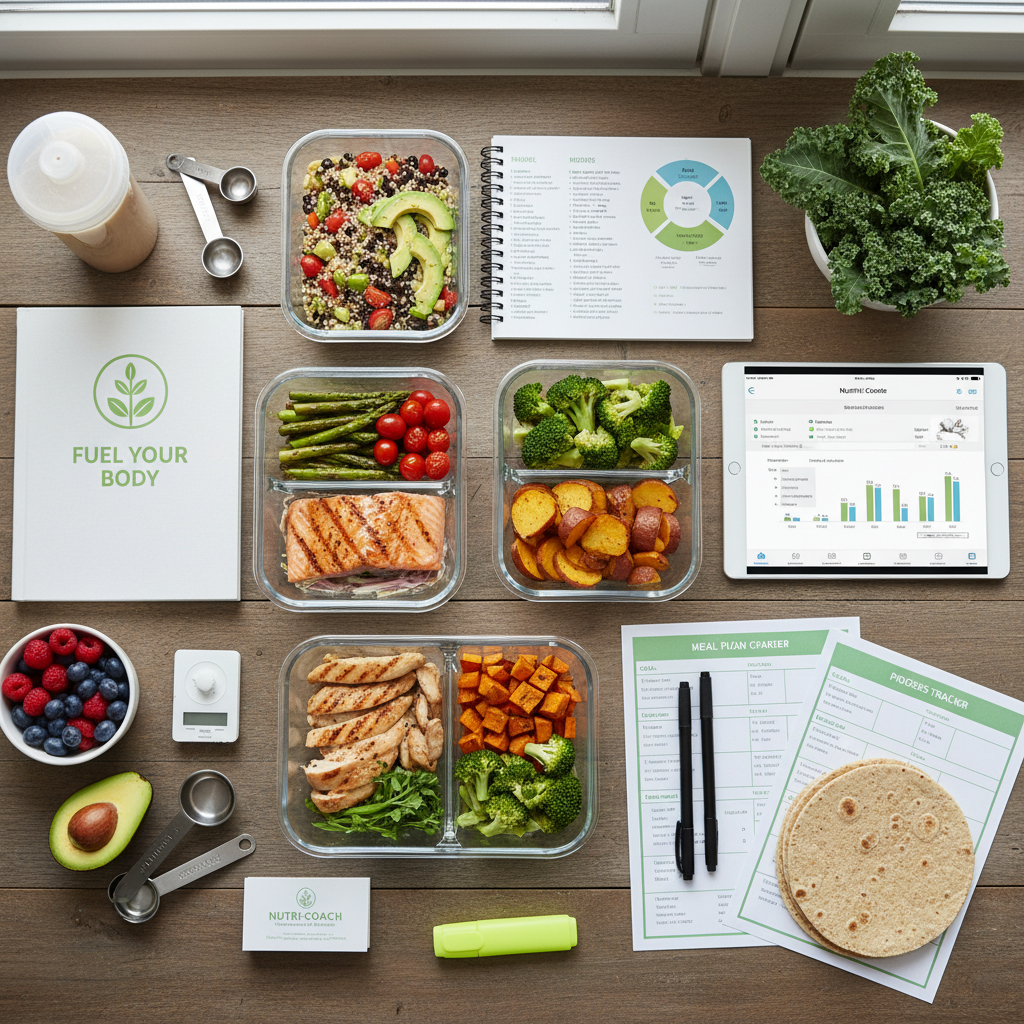 Healthy meal prep with eggs, leafy greens, nuts, salmon on bright wooden table, natural daylight