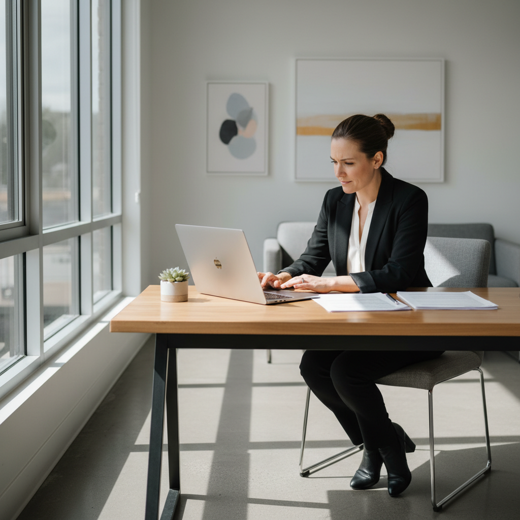 Black business laptop open on wooden desk in modern bright office with natural lighting