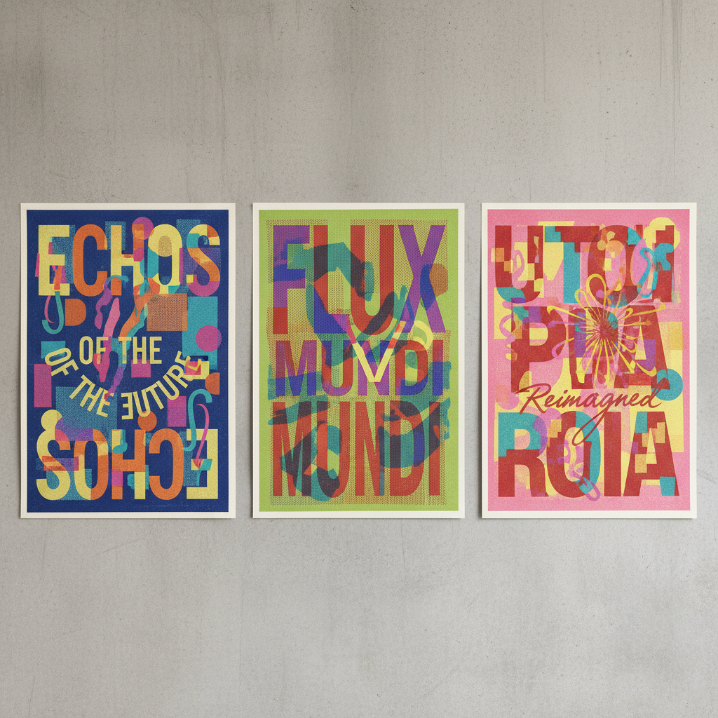 A series of three editorial posters with experimental typography and layered risograph-style color by student Marco Villarreal