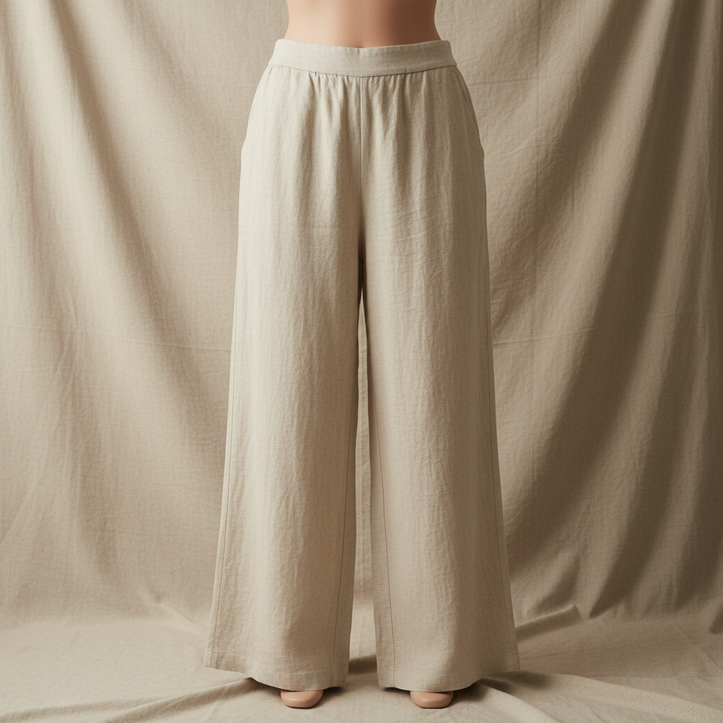 Wide-leg trousers in slate grey, model standing against white wall, soft natural lighting