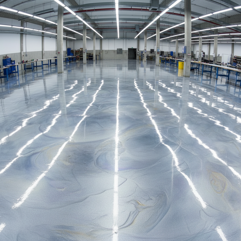 Elegant residential floor with metallic blue and silver swirl epoxy finish