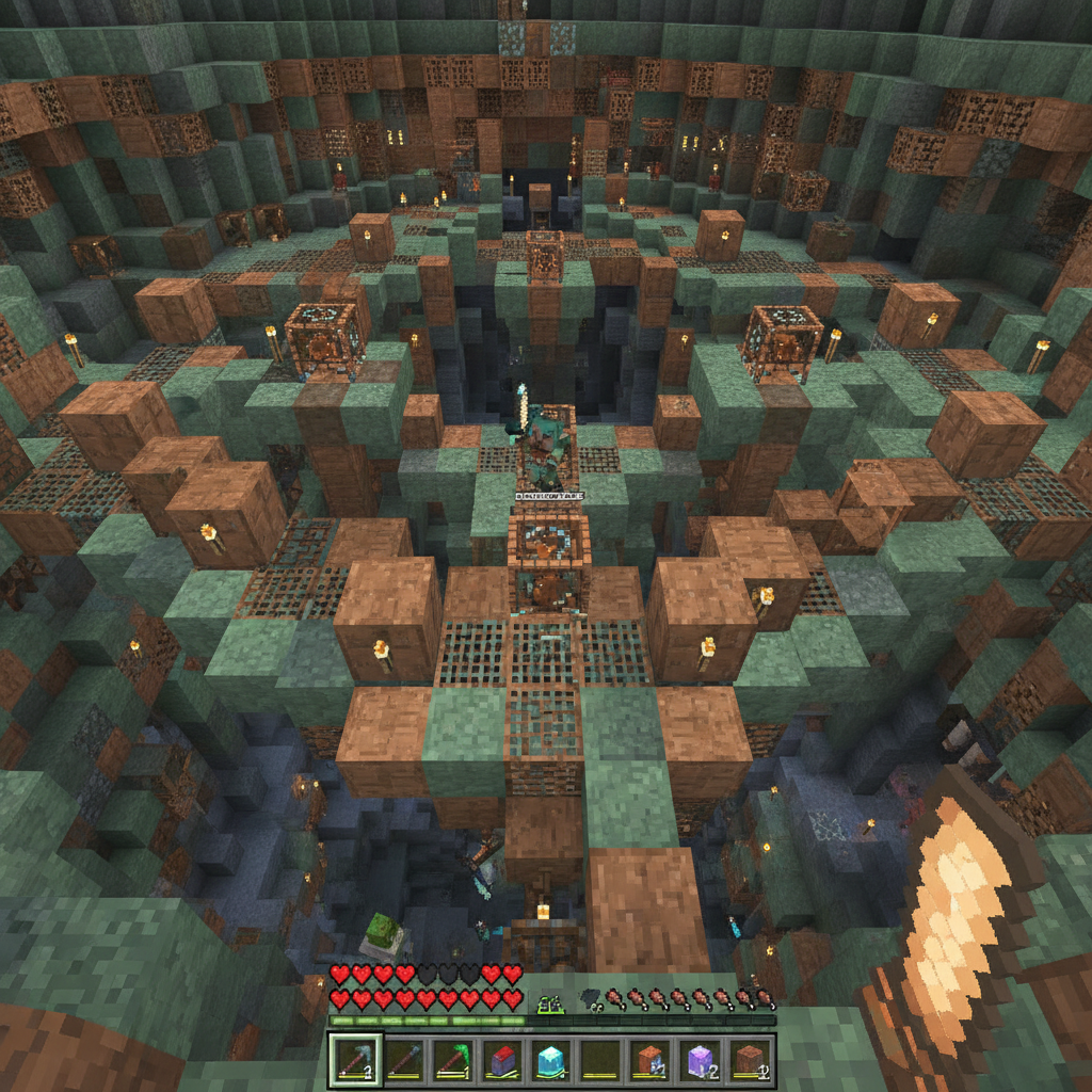 Minecraft Trial Chambers dungeon with glowing copper blocks and new mob enemies