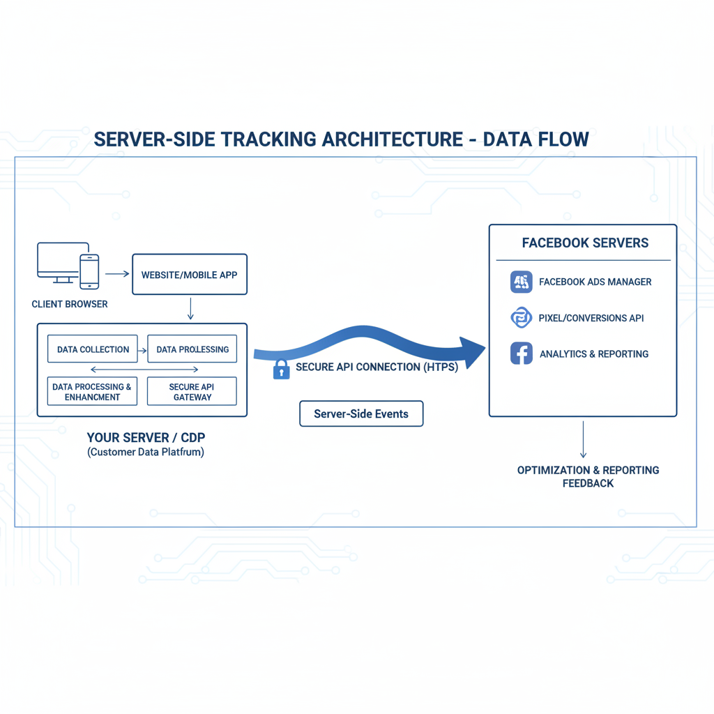 Technical diagram showing server-side tracking architecture with data flow from website to Facebook servers through secure API connection