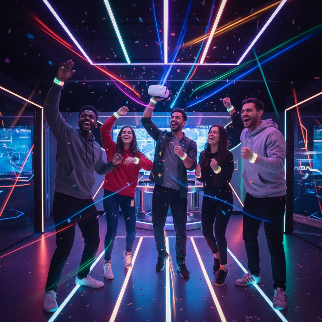 Group of friends in matching neon wristbands celebrating after a VR game