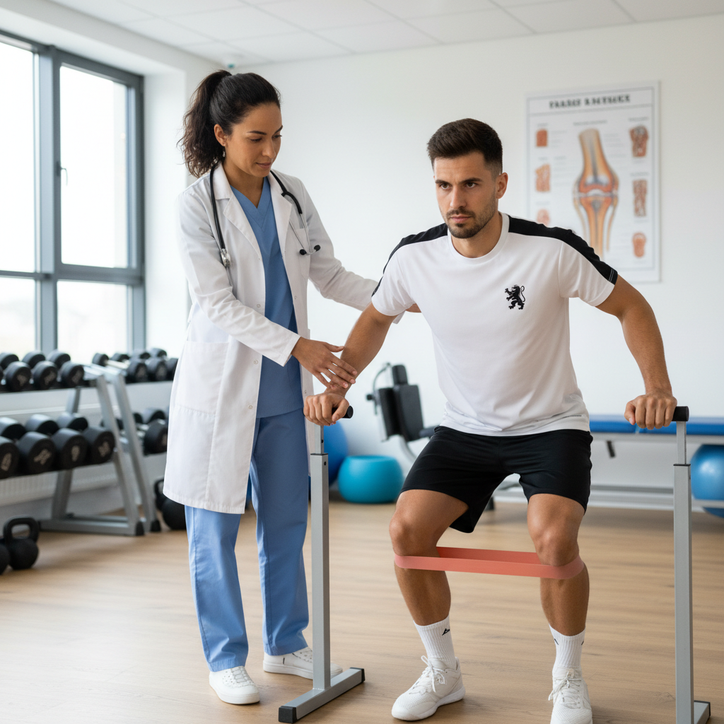 Physical therapy assistant working with patient on rehabilitation exercises in clinical setting