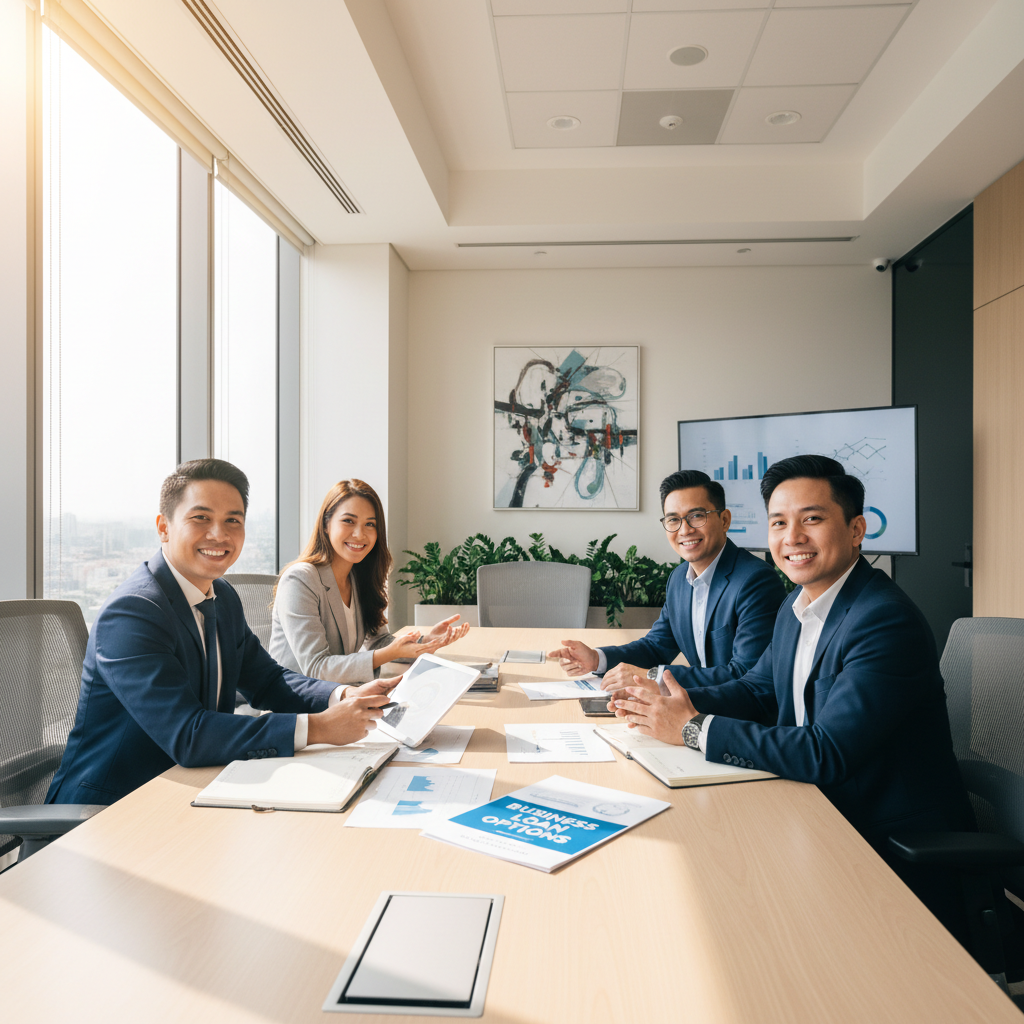 Small business team in bright modern Filipino office, natural daylight, open collaborative workspace, light-toned walls, productive atmosphere