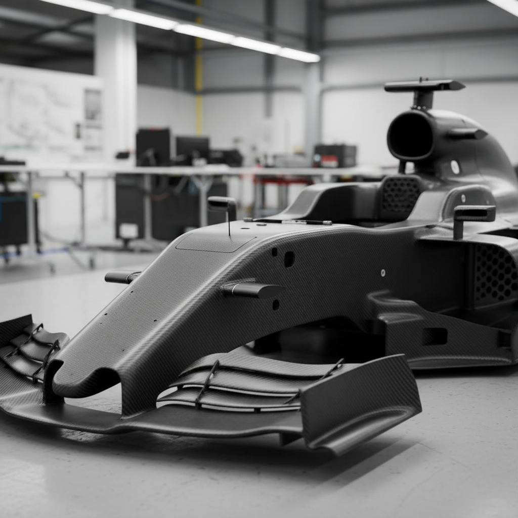 Sports car chassis undercarriage detail in carbon black studio