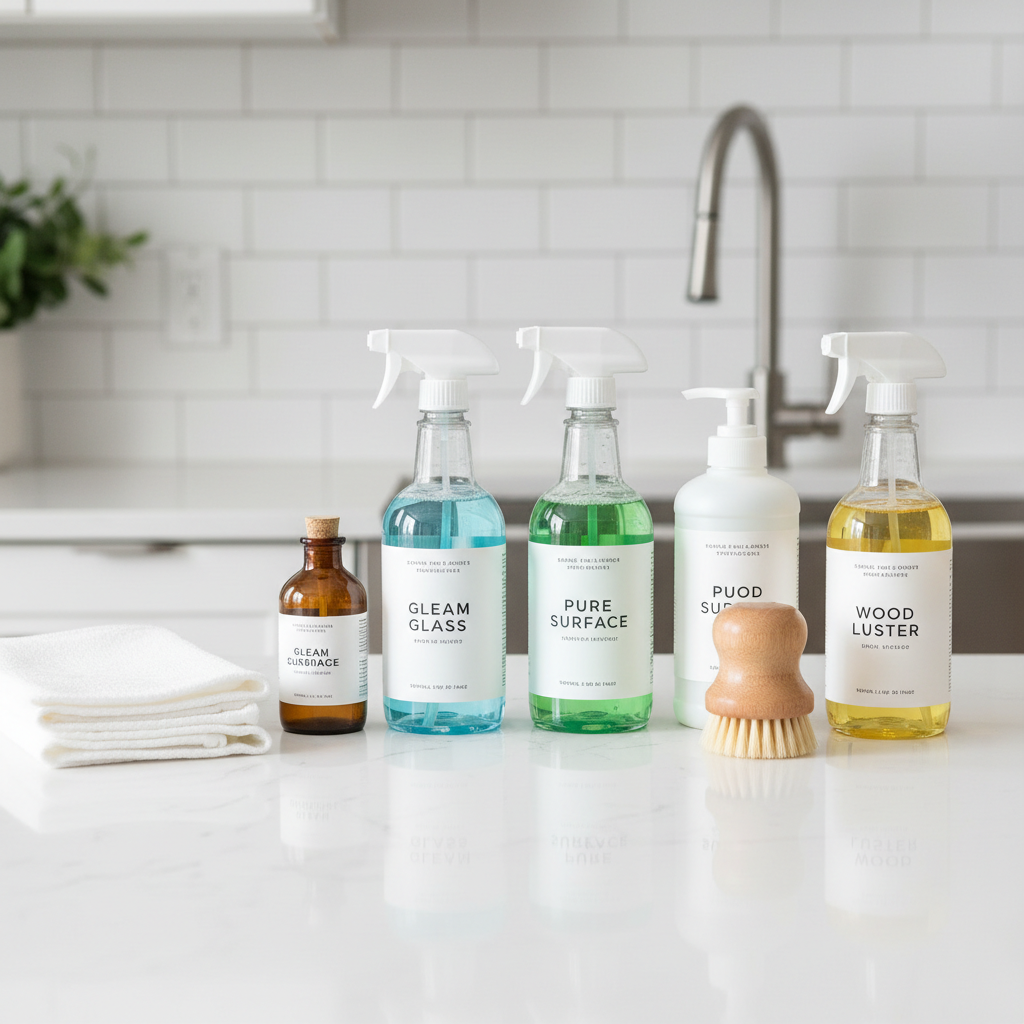 Kitchen counter with household cleaning and personal care products arranged neatly, neutral background, soft natural light