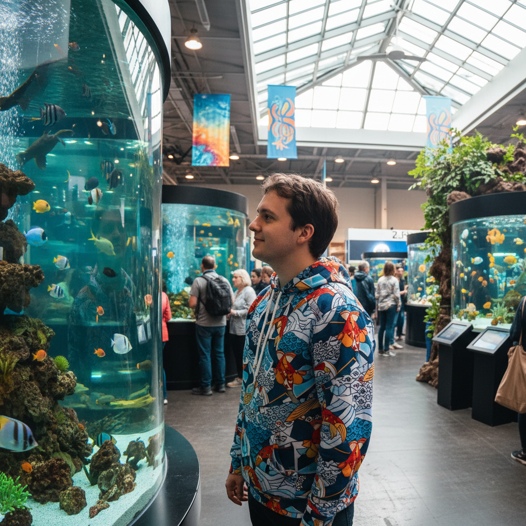 Person wearing geometric koi hoodie at aquarium expo