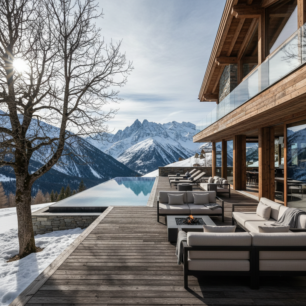Luxury mountain chalet with snow-covered peaks, warm interior light, pine forest surroundings, twilight sky