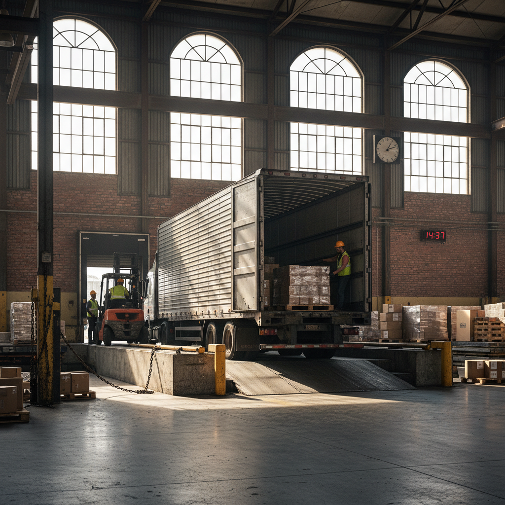 Freight truck backed into warehouse loading dock, scheduled delivery operations, industrial setting