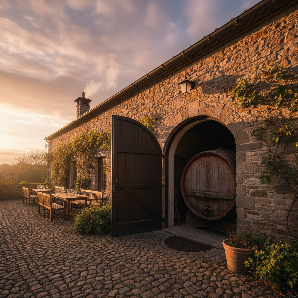 Stone winery facade warm in late afternoon golden light with oak barrel visible through open cellar door