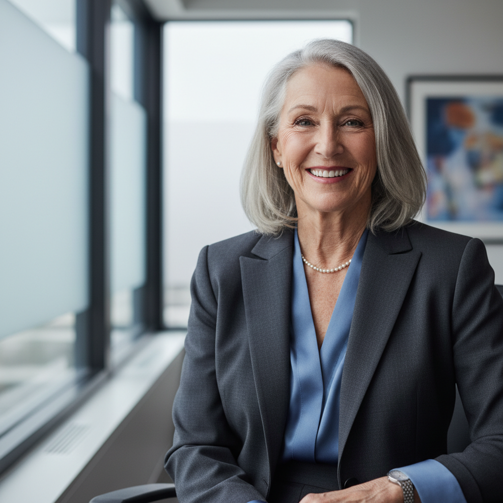 Elegant older woman with silver hair, warm smile, pearl earrings against soft neutral background