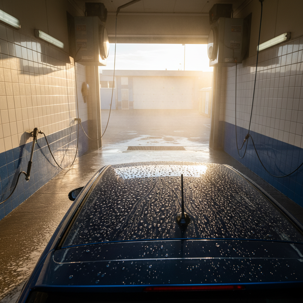 Gleam car wash bay with golden sunlight catching water beads on a freshly washed hatchback roof
