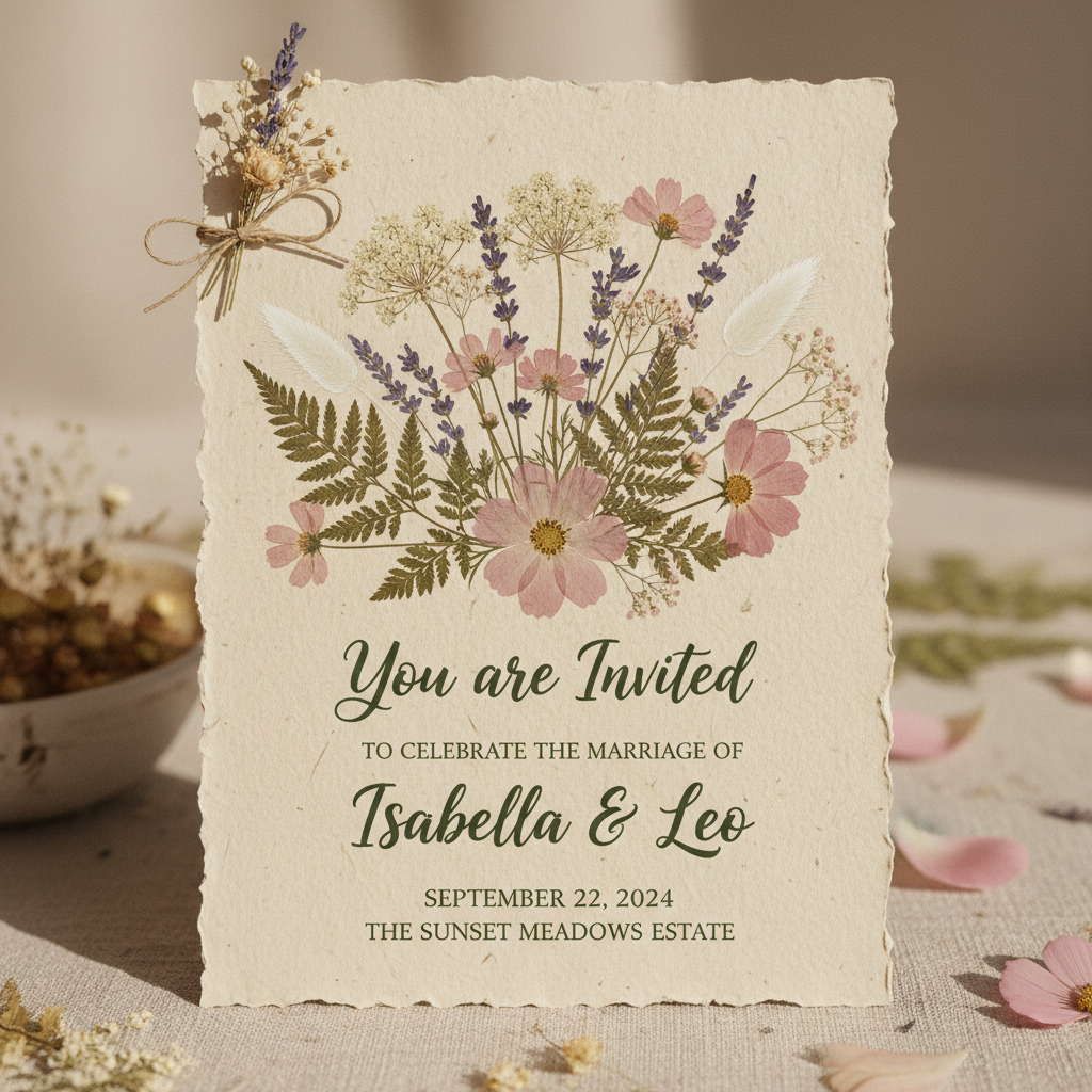 Botanical wedding invitation suite with pressed flower illustrations on cream cardstock