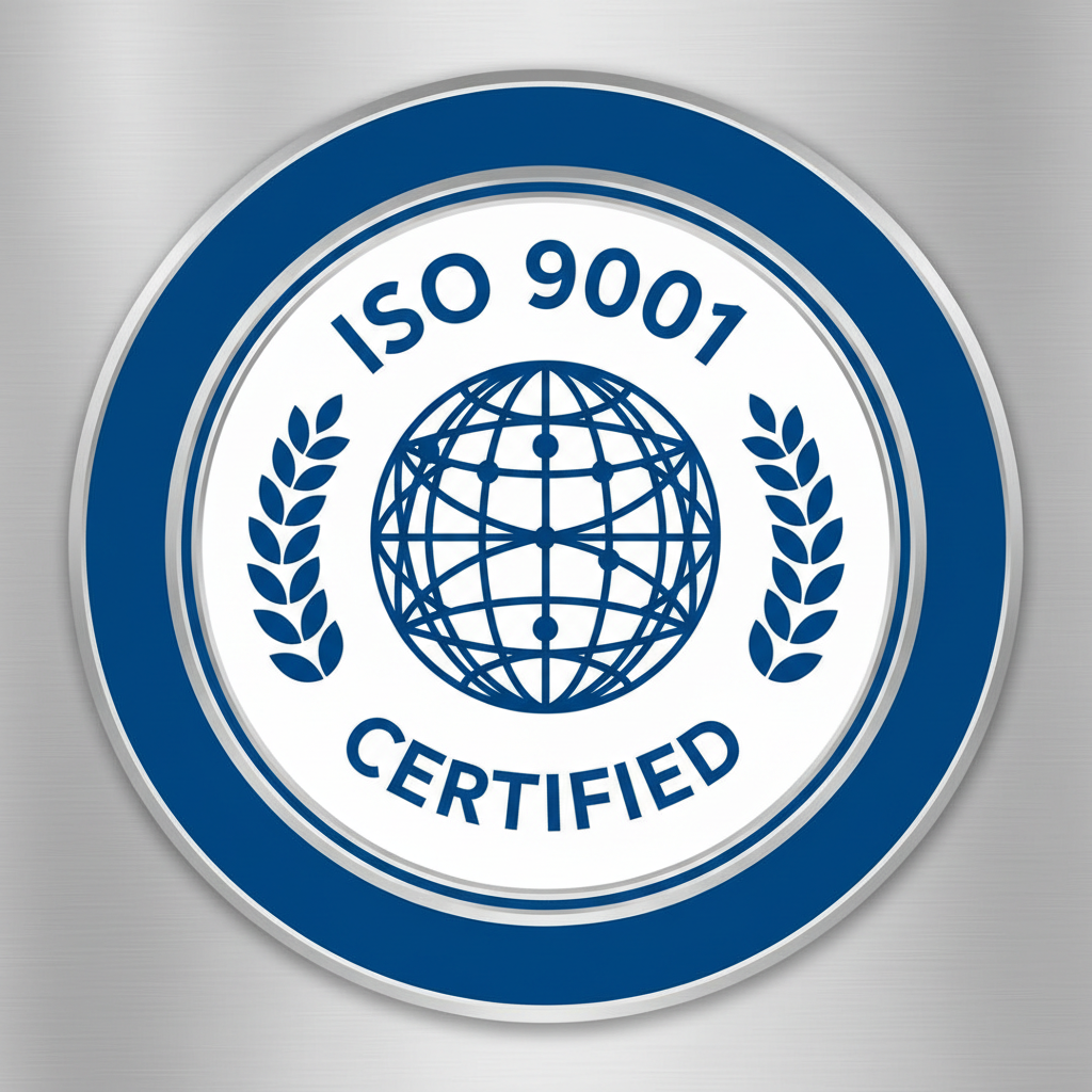 ISO 9001 certification badge with blue and white design