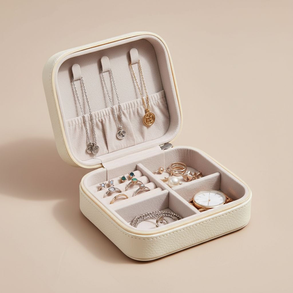 Compact travel jewellery case open showing compartments for rings, earrings and necklaces on cream linen surface