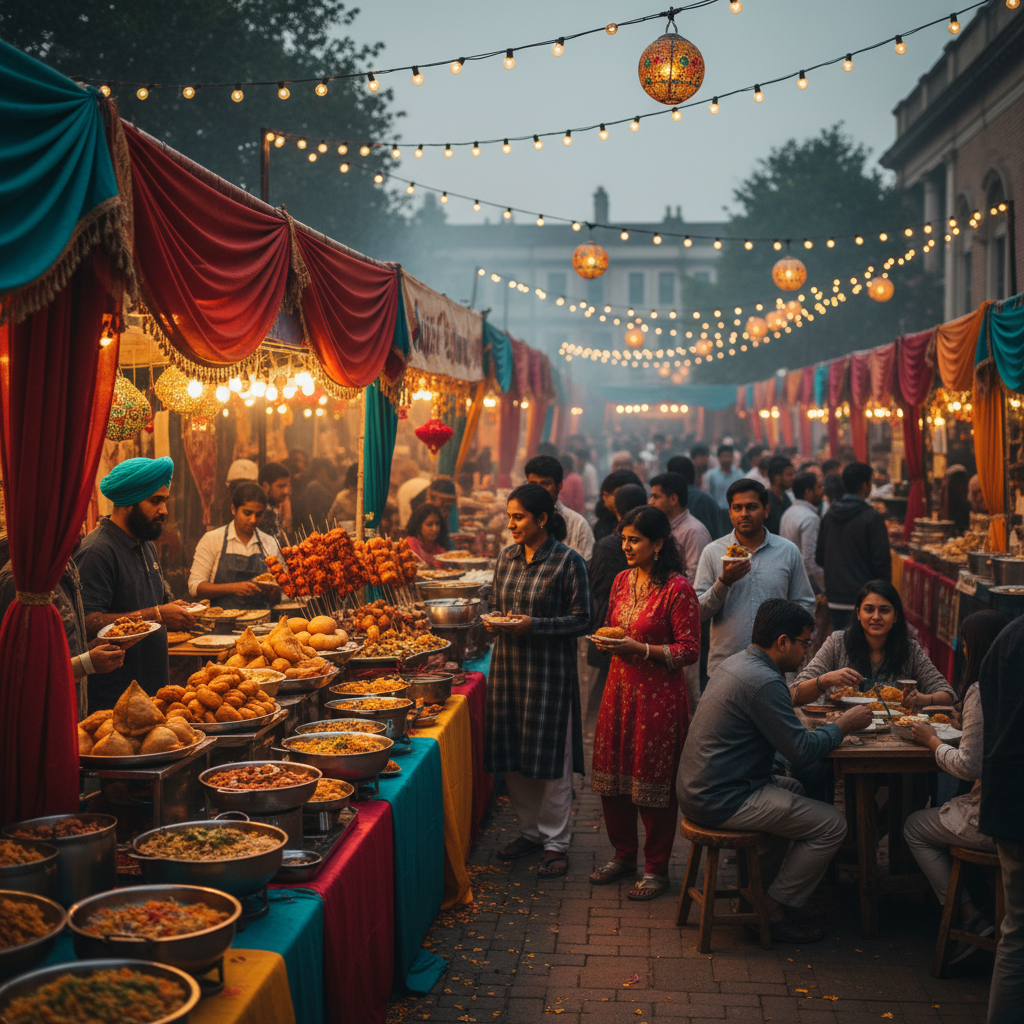 Colorful Indian street food market with warm lighting and vendors serving traditional dishes