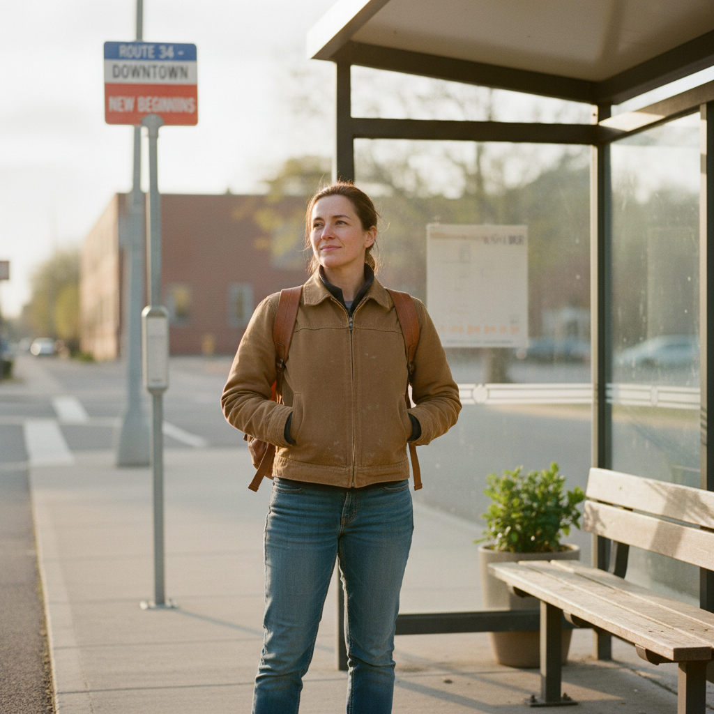 Person standing confidently at a bus stop in the morning light, wearing work clothes and a backpack, representing stability after reentry