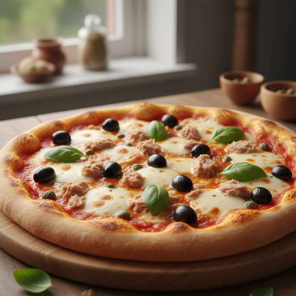 Pizza con tonno e cipolla rossa su base pomodoro, aspetto rustico e genuino