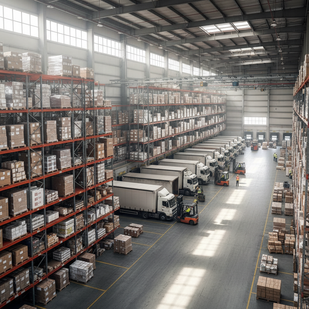 Large logistics warehouse with forklifts, organized shelving, and supply chain operations