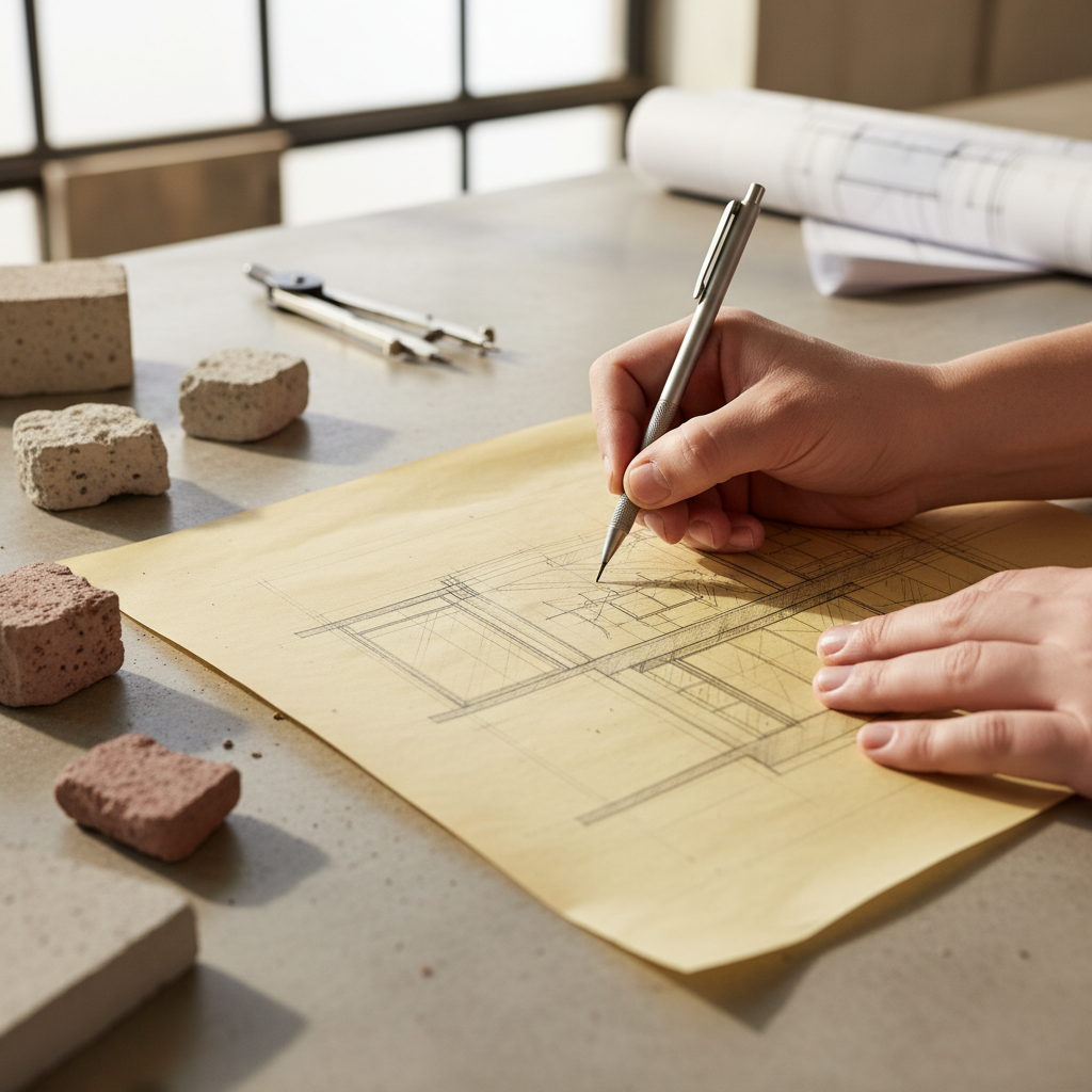 Close-up of architectural detail drawings and material samples spread on a light table, brass samples, wood chips, concrete swatches, detailed plans