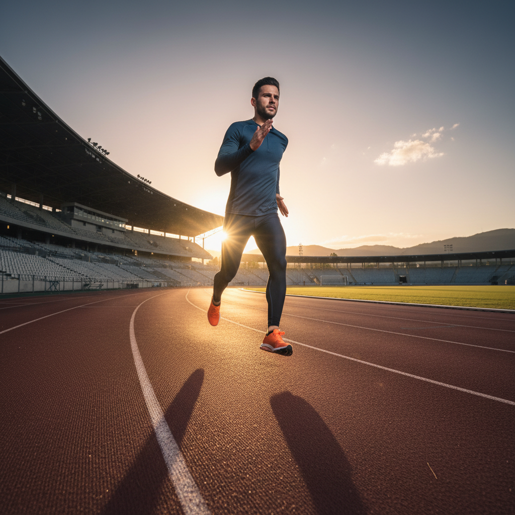 Athletic man meditating outdoors at sunrise, calm expression, athletic wear, bright warm light