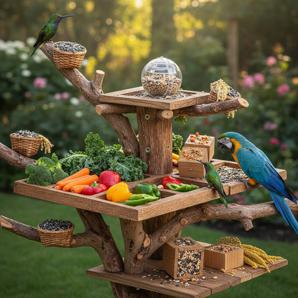 Bird foraging station with fresh vegetables and seed puzzles on natural wood platform