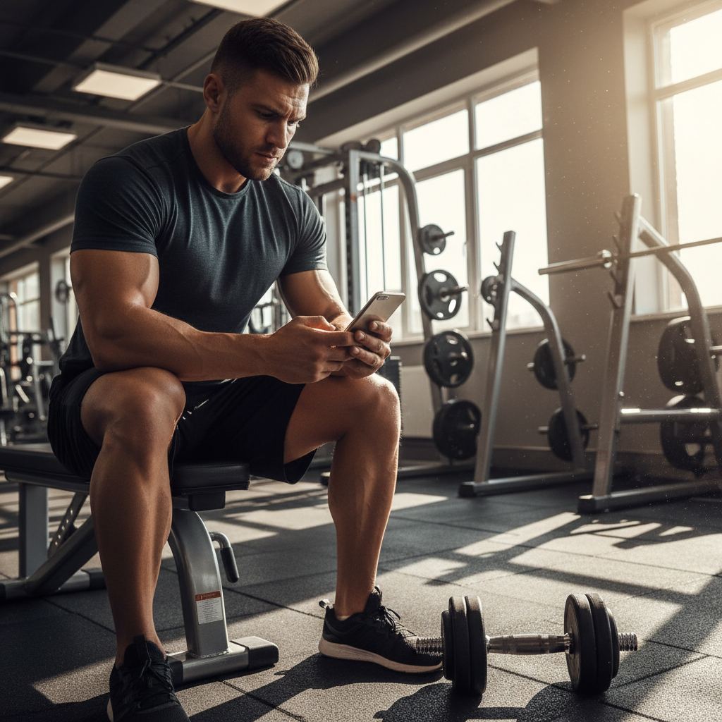 Athlete training in a gym while filming a workout on a smartphone