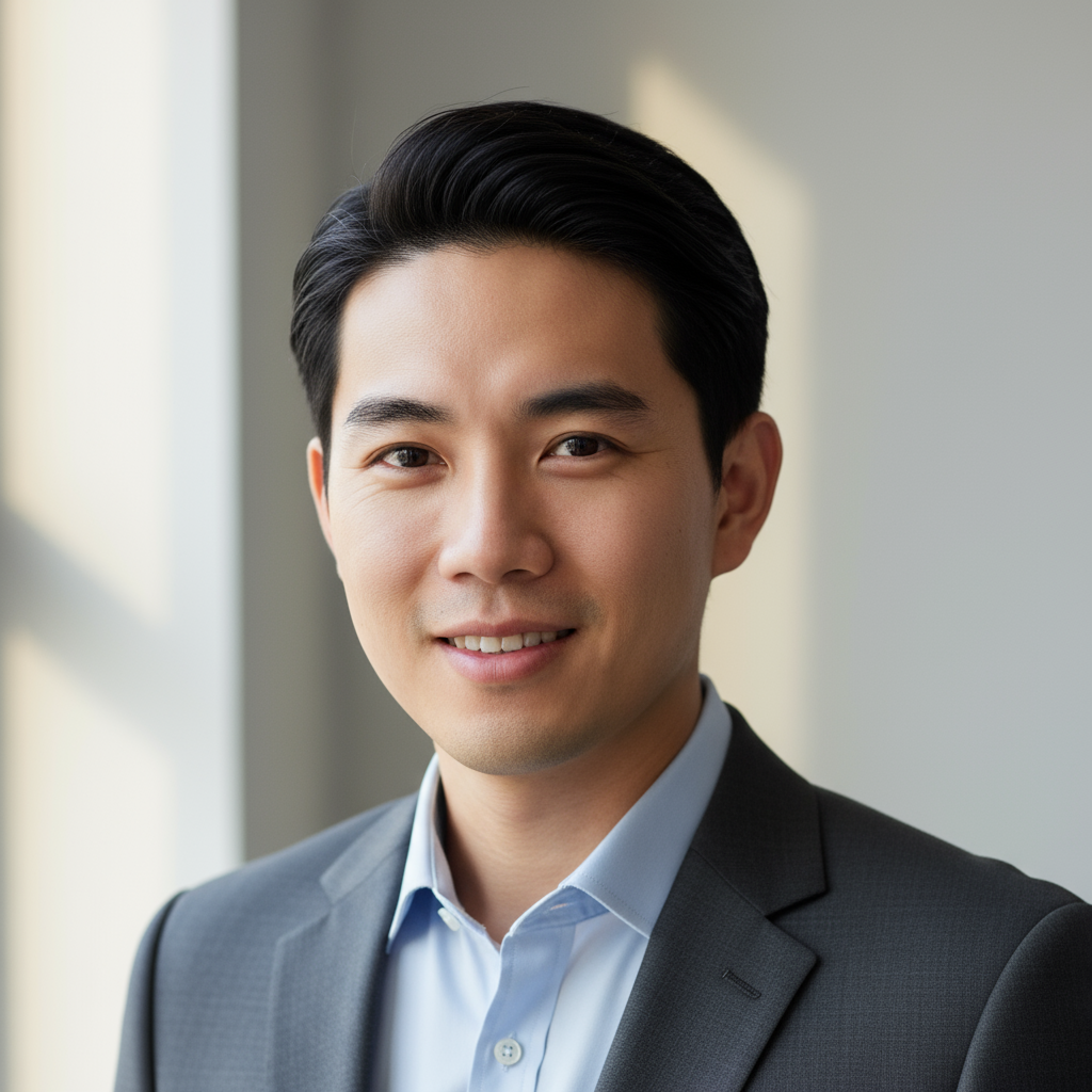Headshot of Asian man with short black hair wearing navy suit and tie with professional smile