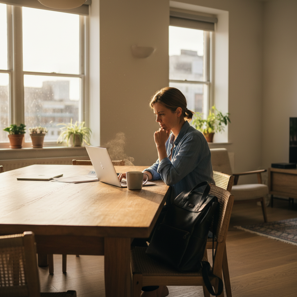 Consultant working from sunlit dining table with laptop open, child's backpack visible on chair beside them