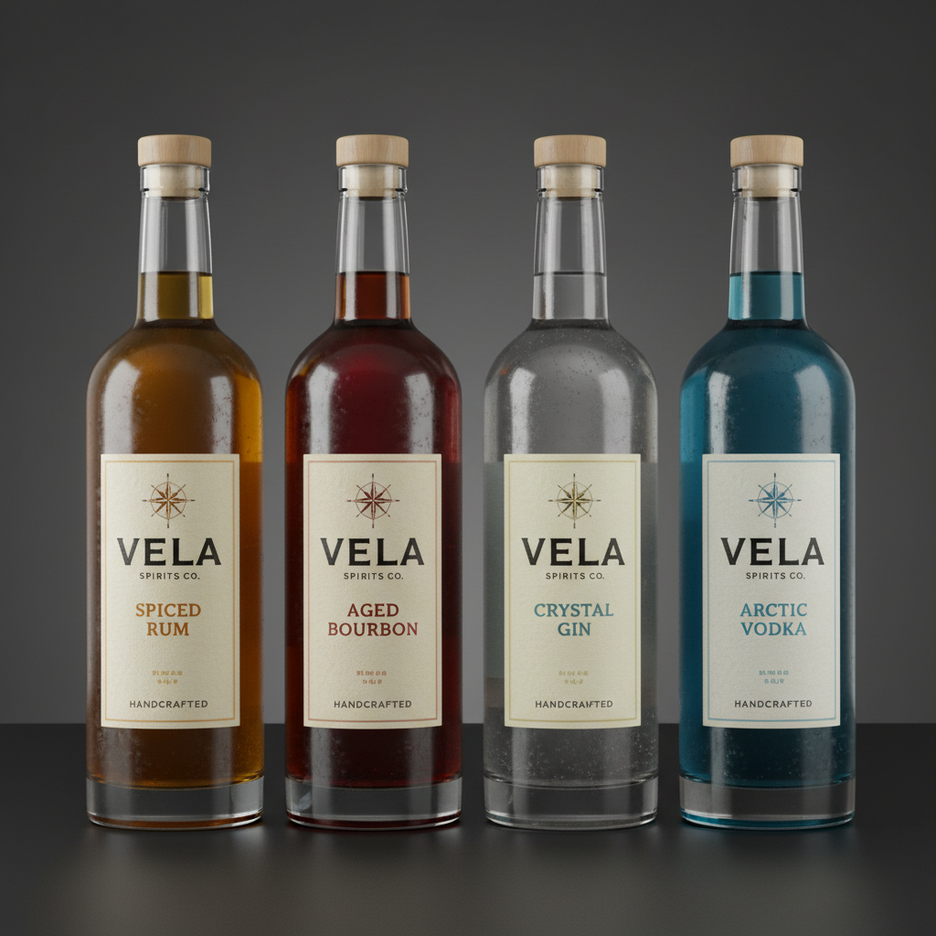 Vela Spirits four bottle range in row on dark surface