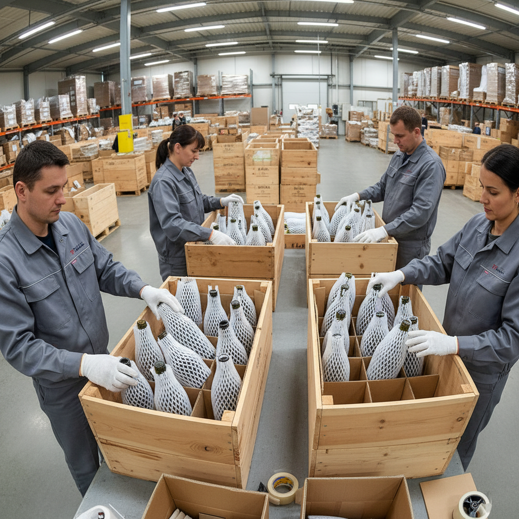 Wine bottles individually wrapped in foam and packed into wooden transport crates by white-gloved moving crew