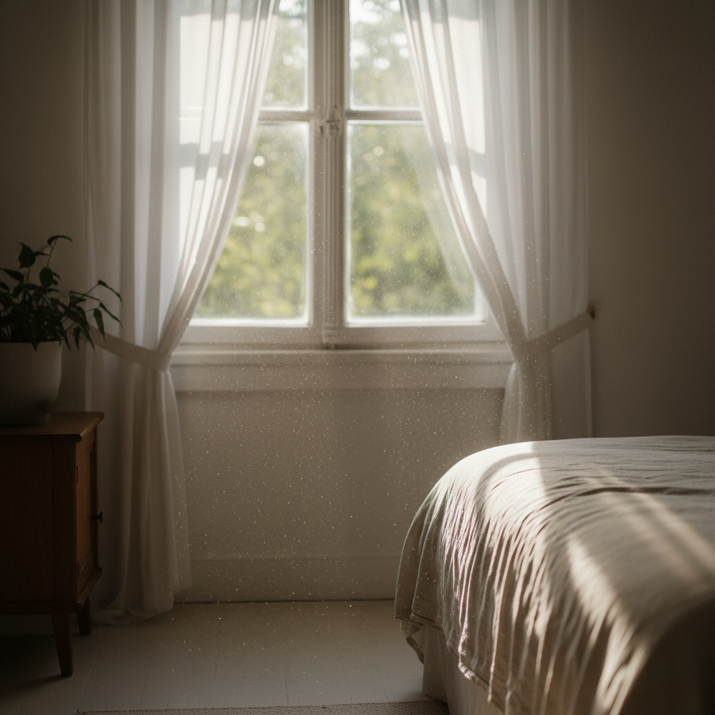 Side-lit photograph of a beam of morning light streaming through bedroom curtains, revealing floating dust particles suspended in the air column