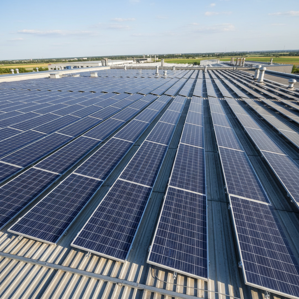 Large industrial manufacturing facility with extensive solar panel arrays covering warehouse rooftops