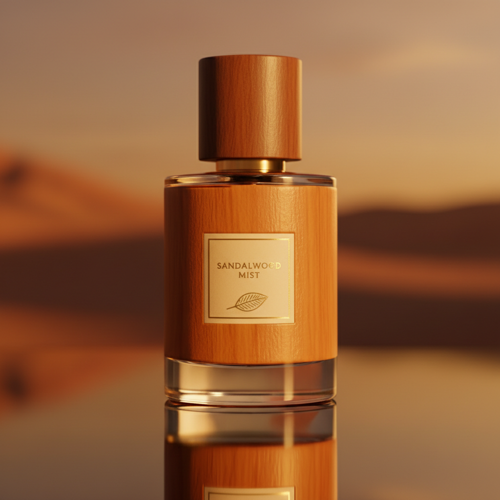 Wooden textured perfume bottle with bronze cap on dark wood surface
