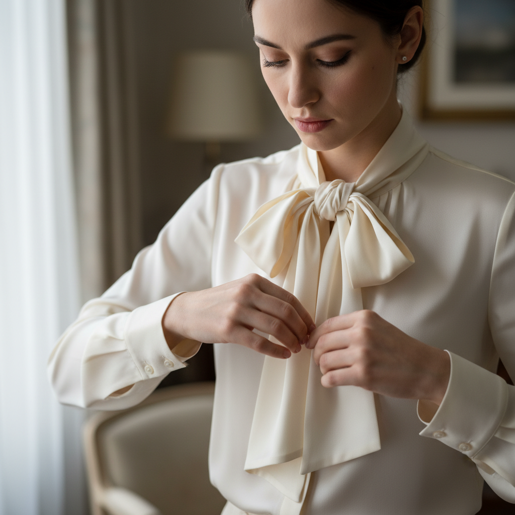 Ananya in her altered silk blouse at a business dinner, collar sitting cleanly