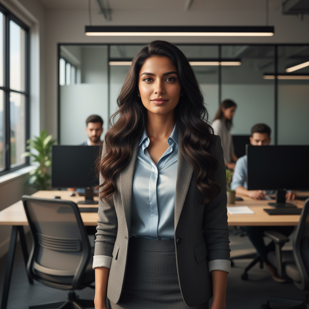 Indian woman with long dark hair in modern workspace with creative equipment