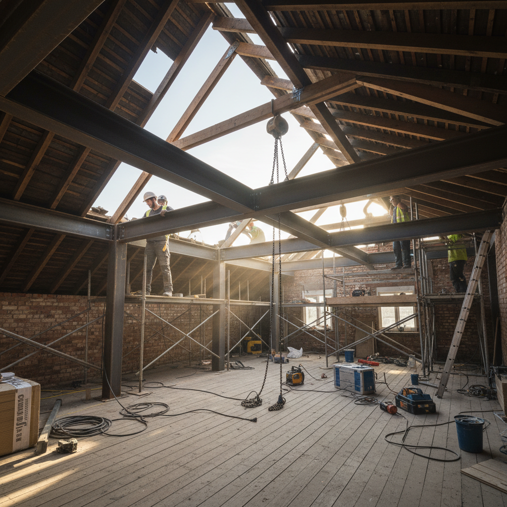 Loft conversion construction in progress showing structural steel beams being installed between roof joists with natural light coming through