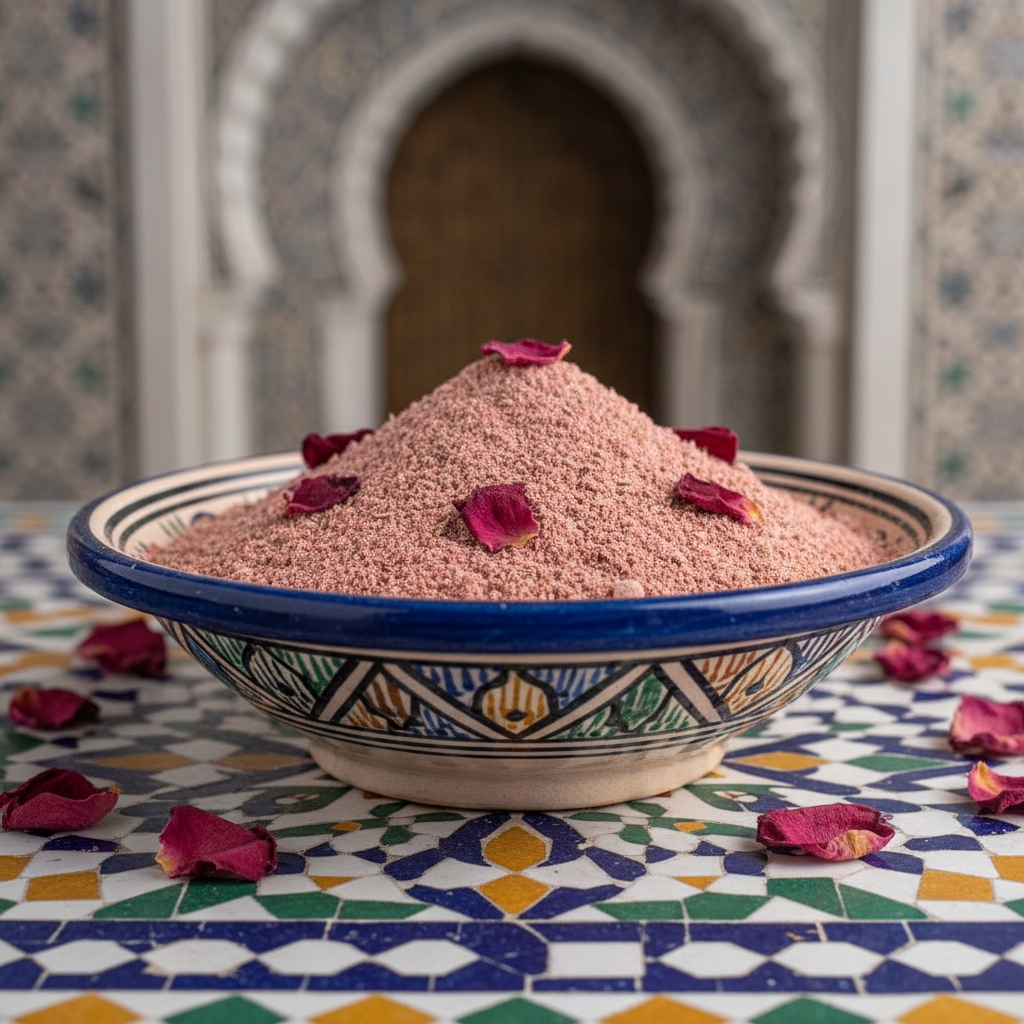 Moroccan tabrima powder in traditional ceramic dish with rose petals