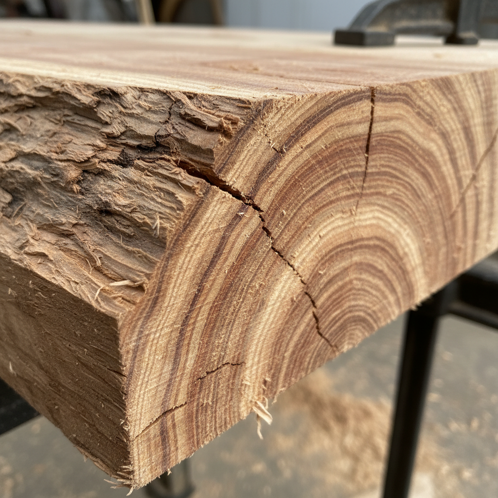 Slab samán MVZ-01-001 - detalle del canto mostrando grosor de 8 cm y textura de la madera