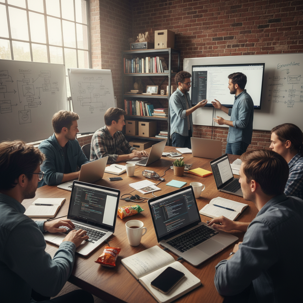 Software developers working on laptops in a modern office