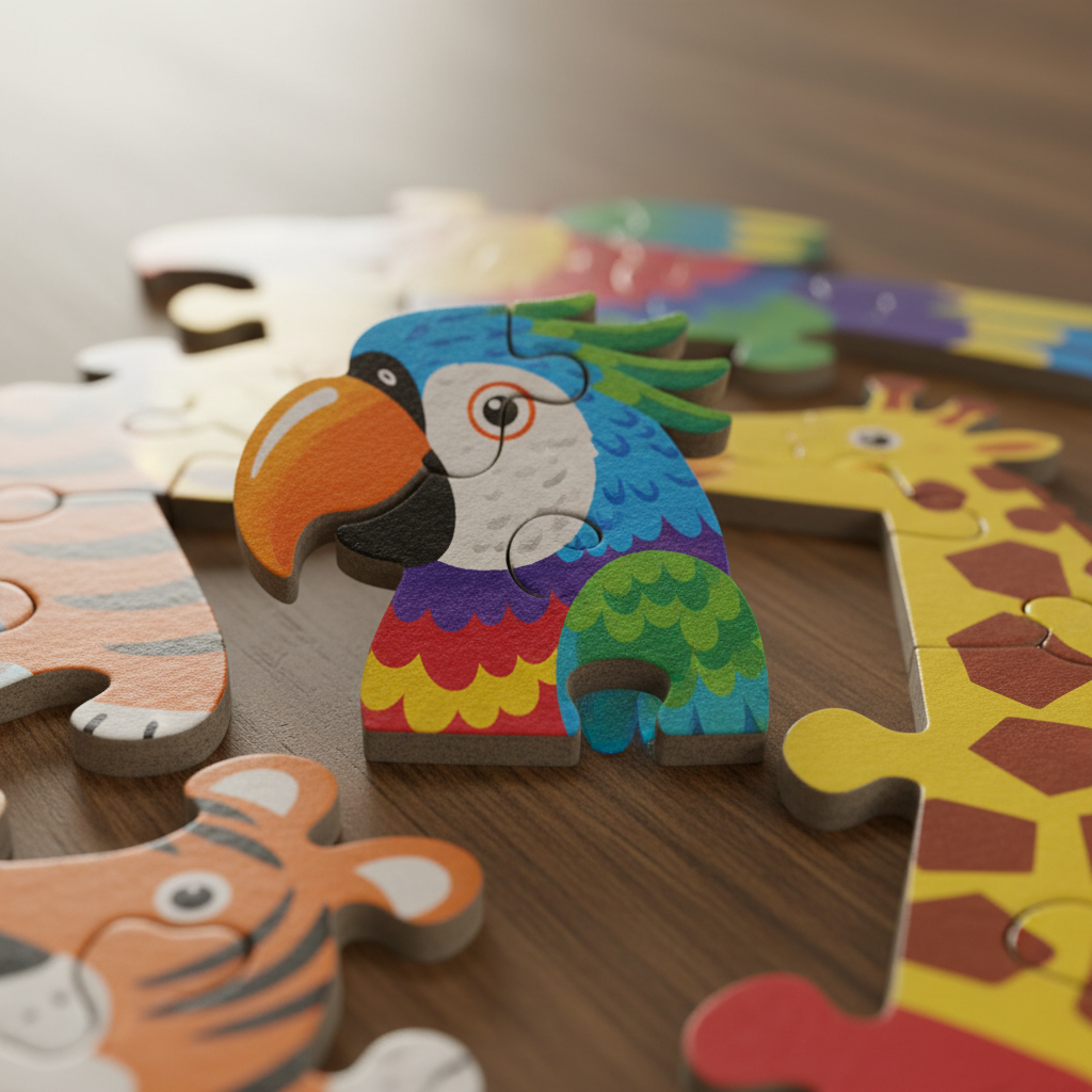 Wooden jigsaw puzzle with colorful safari animal pieces partially assembled on table