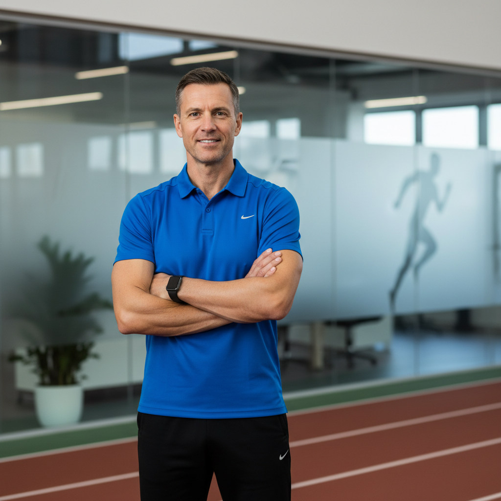 Marcus Trebilcock, athletic male coach in athletic wear, standing in a gym with arms crossed