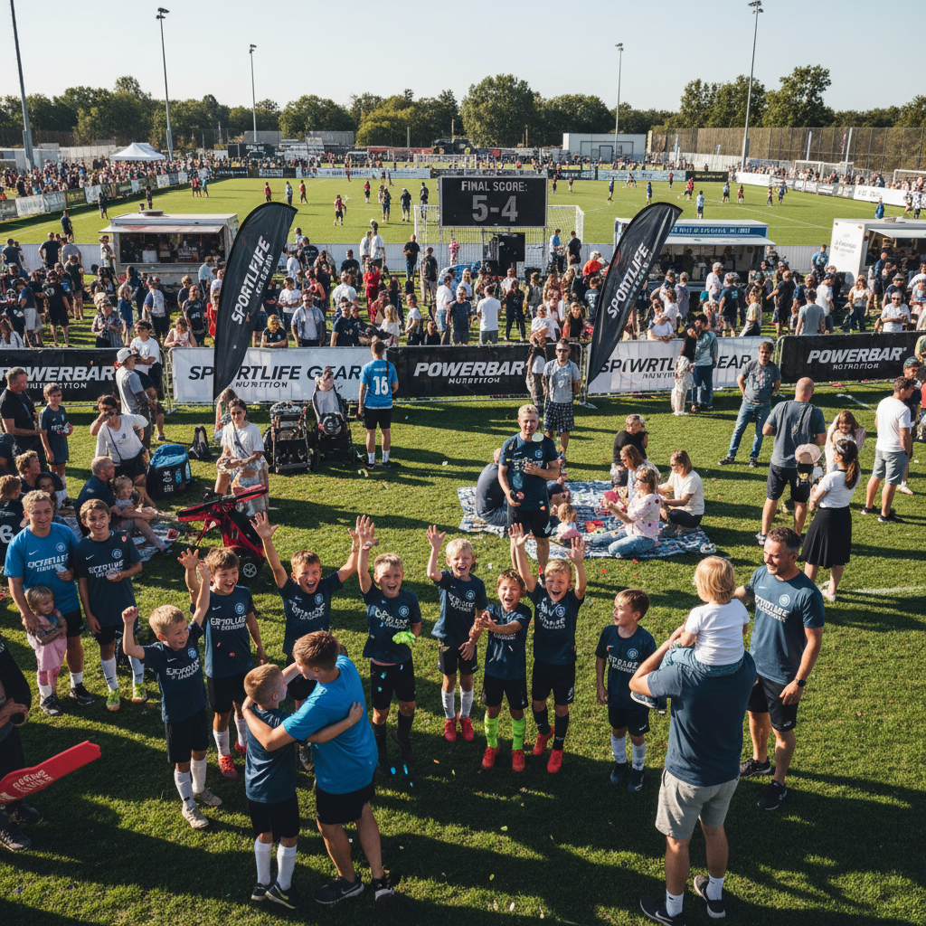 Youth sports team group photo outdoors, kids and coaches celebrating together, bright sunny day, open field background
