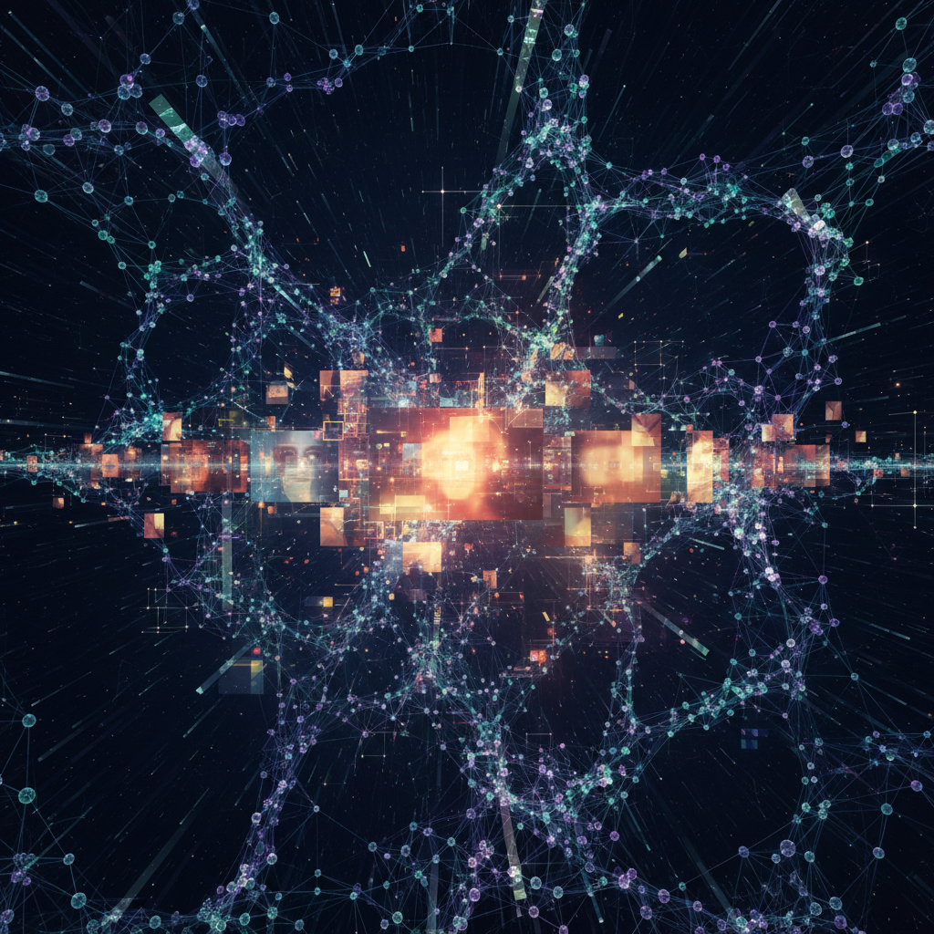 Abstract visualization of AI neural network processing search queries in real-time