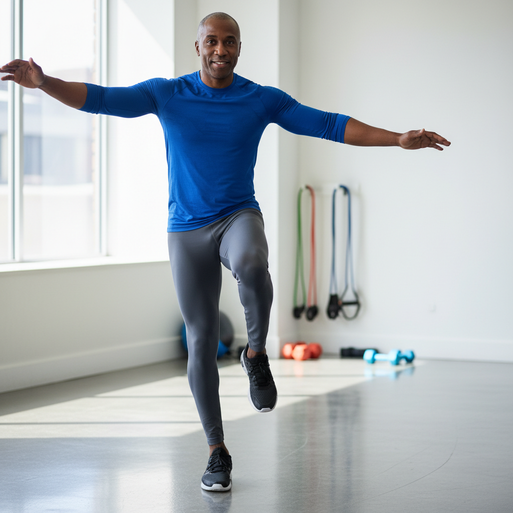 Black woman instructor in vibrant athletic wear mid-dance movement