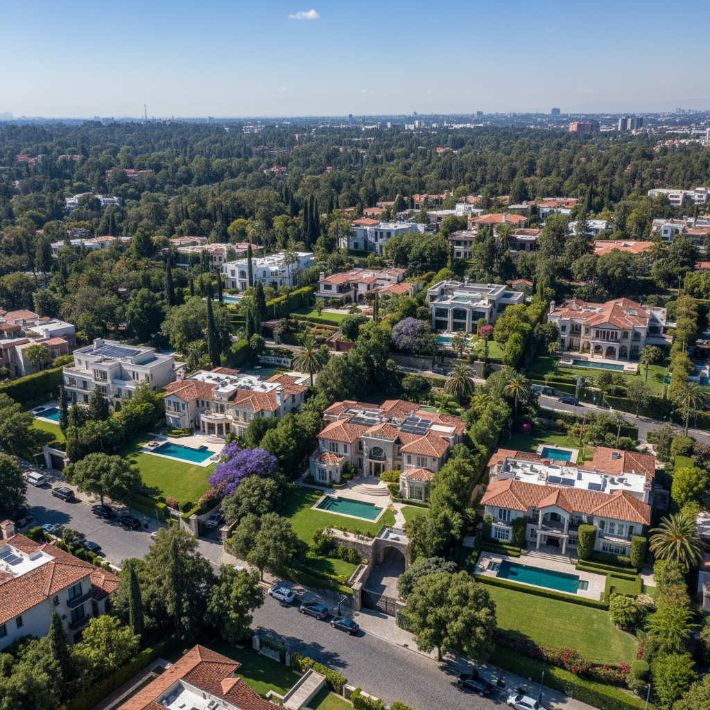 Aerial view of luxury residential property with pool and landscaped garden, bright daylight, lush greenery, clear blue sky